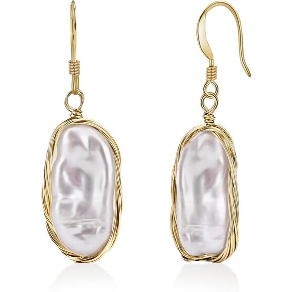 Women's 14k fish hook gold Dainty gold Wire Wrap pearl drop Earrings - Picture 1 of 6